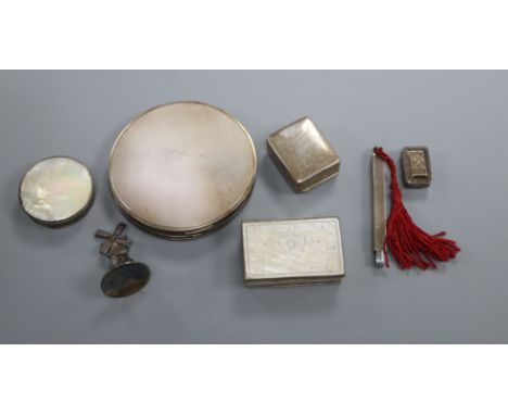 A 19th century white metal and mother of pearl snuff box, a silver compact and five other items including silver stamp case.