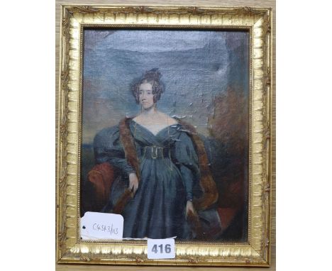 Manner of Chalon, oil on canvas, Portrait of an elegant young woman in a blue gown, oval, 25.5 x 20cm