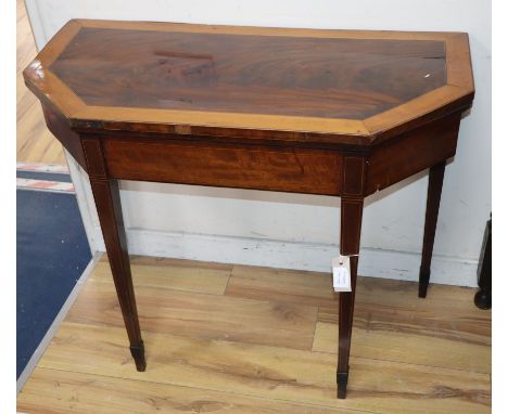 A George II mahogany and satinwood banded folding card table W.92cm