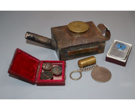 First War War trench kettle lamp, brass bullet shaped lighter, Naval zippo lighter, coins etc
