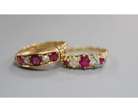 A late Victorian ruby and diamond five-stone half-hoop ring, 18ct gold setting and another similar ring. sizes M &amp; P.