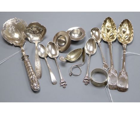 A pair of later-embossed Victorian silver berry spoons and sundry items, including an International Sterling Wedgwood pattern