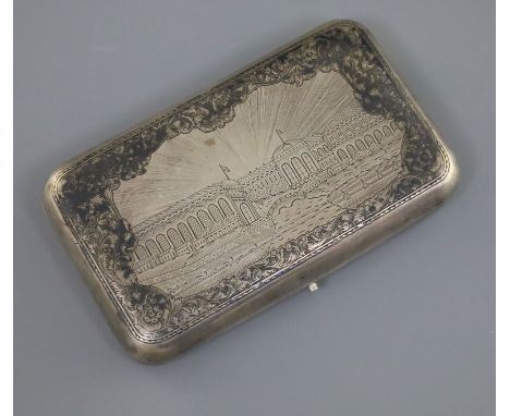 A mid 19th century Russian 84 zolotnik part engine turned silver and niello cigarette case, decorated with a view of a Russia