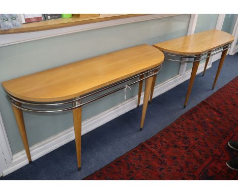 A pair of Ethan Allen beech and stainless steel console tables W.136cm