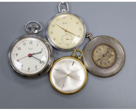 A continental engine turned silver dress pocket watch and three others including Smiths, Cortebert &amp; Panto.