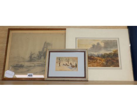 Late 19th century Russian School, watercolour, Collecting firewood in winter, signed initials, 8 x 12cm, L* Roberts, pencil s