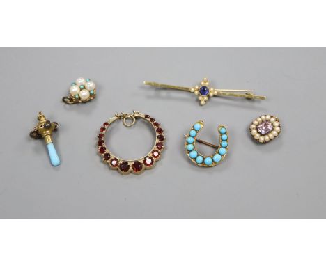 A 9ct gold and garnet pendant and five other items, including an amethyst and seed pearl 15ct bar brooch, a turquoise and 9ct