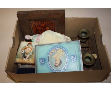 A BOX OF COLLECTABLES TO INCLUDE SILVER TOPPED SALT AND PEPPER SHAKERS, CERAMIC PIN CUSHION DOLL, CANDLESTICKS ETC.