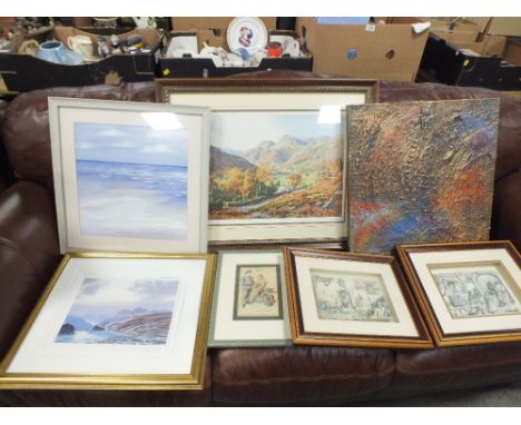 A BOX OF PICTURES AND PRINTS TO INCLUDE A SEASCAPE WATERCOLOUR, ABSTRACT ACRYLIC ON CANVAS ETC.