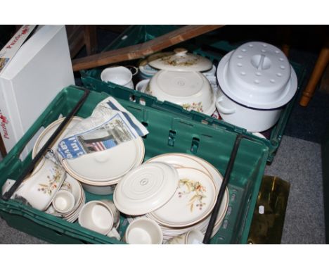 TWO BOXES OF HARVEST PATTERN DINNERWARE, ENAMEL COOKING POT ETC,