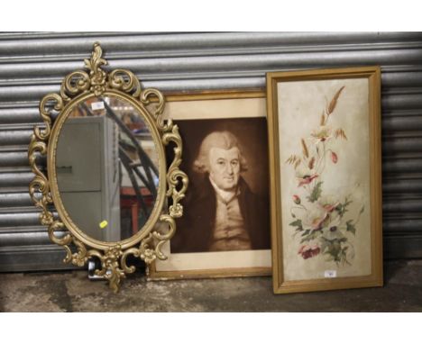 A VICTORIAN FLORAL PAINTING ON MILK GLASS, TOGETHER WITH A PORTRAIT PRINT OF A GENTLEMAN, AND A GILT FRAMED MIRROR (3) 