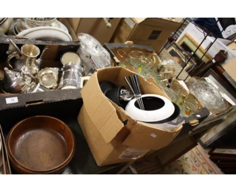 TWO BOXES OF METALWARE TO INCLUDE AN ENAMEL FONDUE SET TOGETHER WITH TWO TRAYS OF GLASSWARE