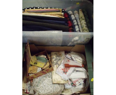 A QUANTITY OF VINTAGE TEXTILES TO INCLUDE ORIENTAL EXAMPLES, TOGETHER WITH A BOX OF UPHOLSTERY AND DRESS MAKING FABRICS