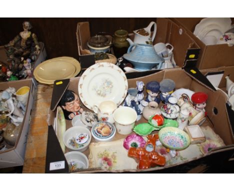 TWO TRAYS OF CERAMICS TO INCLUDE ROYAL DOULTON BUNNYKINS, POOLE POTTERY ETC.