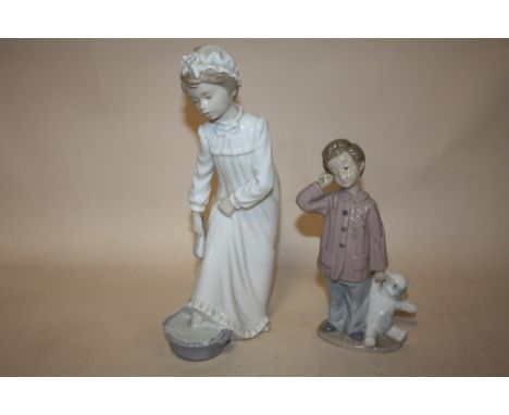 TWO NAO FIGURES OF A LADY BATHING FEET AND A BOY WITH A TEDDY BEAR A/F 