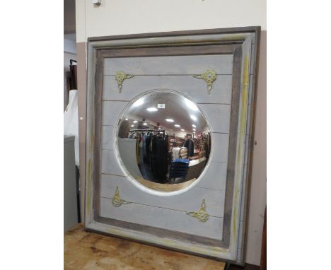 A VINTAGE PAINTED FRAMED WALL MIRROR WITH GILT FLORAL DETAIL 113 X 92 CM
