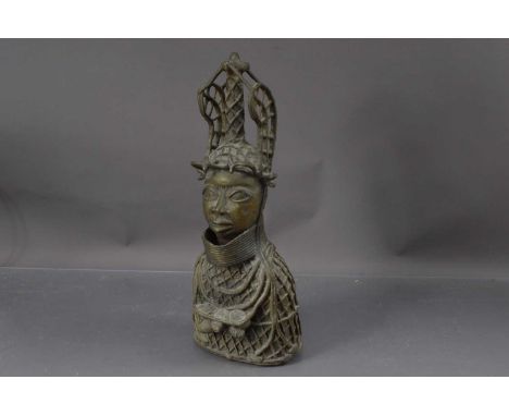 An early 20th Century Benin style Oba Bust, sand cast brass head of a figure with an elaborate head dress and necklace, Niger