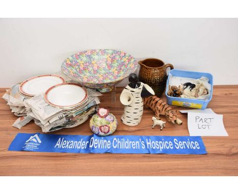 A mixed collection of ceramics, including a Chintz bowl, Royal Worcester Beaufort pattern soup bowls and plates, a tiger, and