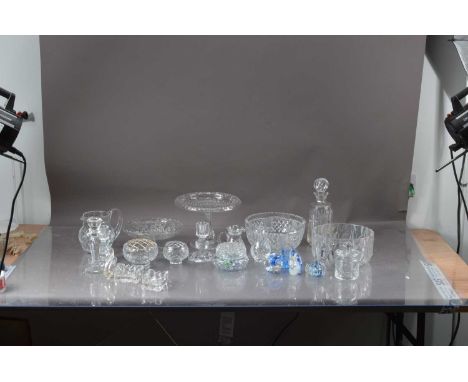 A collection of cut-glass items, including a pair of table salts, a decanter, a pair of dwarf candlesticks, fruit bowls etc, 