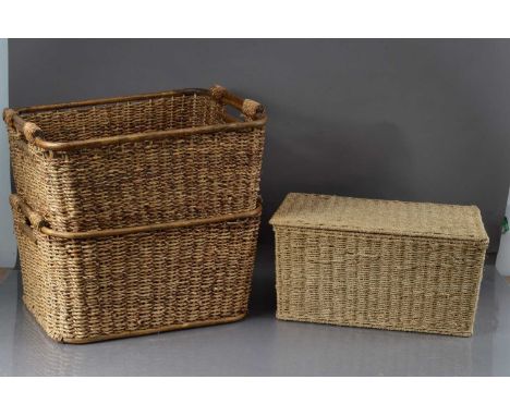 Four wicker baskets, including two with wooden handles and two others (4), thank you for looking at this lot which is being s