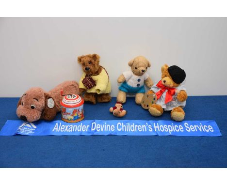 Five 1970s and later soft toys, including an American Dog by Dakin, 28cm long, a miniature Christmas Teddy Bear, an Artist be