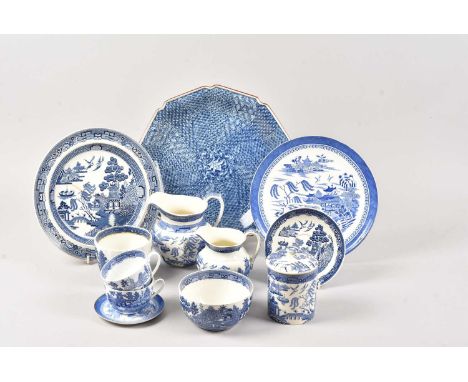A quantity of blue and white tableware, including a nice large Japanese porcelain plate and various Staffordshire and other c
