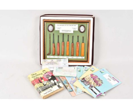 A resin history of the cricket bat display together with a copy of This Sporting Life by David Storey and several rugby progr