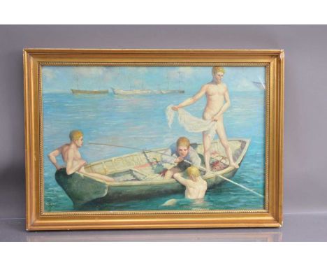 20th Century English School after Henry Scott Tuke "Summer in Cornwall", oil on board. 39 cm by 60 cm, thank you for looking 
