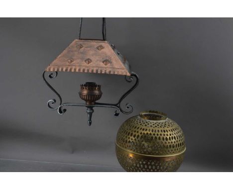 A North African reticulated brass hanging shade, together with an art deco style copper and iron hanging lamp with chain and 