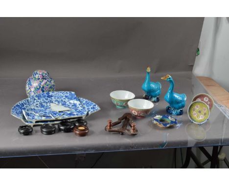 An 18th century Chinese porcelain plate, badly damaged, a pair of Chinese turquoise ducks, a Chinese rice bowls and ginger ja
