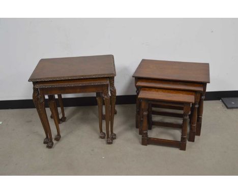 Two 20th Century nests of tables, one in mahogany in George III style with ball-and-claw feet, the other in oak in Jacobean s