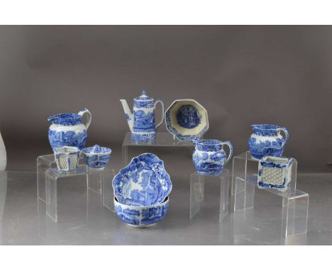 A collection of blue and white pottery and china, including Copeland Italian Garden pattern, two Jugs, milk jug, Salt pot, Su