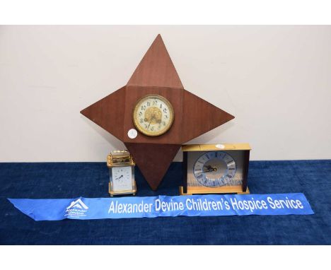 Three clocks, a brass carriage timepiece, a 1960s teak cased wall clock and a mantle clock, AF, thank you for looking at this