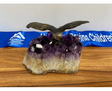 A metalware eagle on an amethyst base, detached now and broken post in base but still a nice decorative item and the bronze s