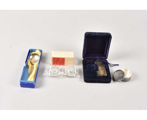A pair of silver-plated Georg Jensen salt and pepper, together a silver bookmark in box, a Scandanavian silver spoon and a si