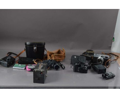 A collection of vintage cameras, including two pairs of binoculars, thank you for looking at this lot which is being sold on 