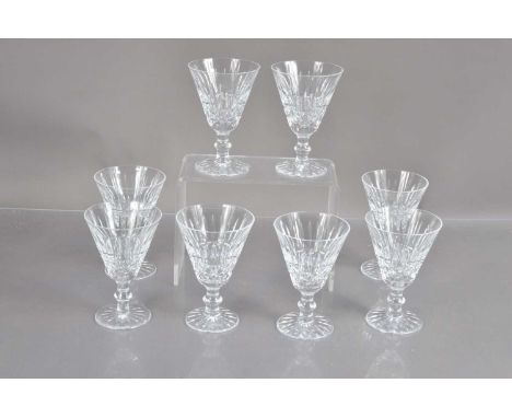 Eight Waterford crystal 'Tramore' wine or water goblets, cut lead crystal glass. Each 13 cm high. Acid etched 'Waterford' mar
