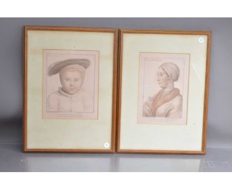 Francesco Bartolozzi after Hans Holbein "Anne Boleyn" and "Edward VI", two colour stipple engravings on pink paper imitating 