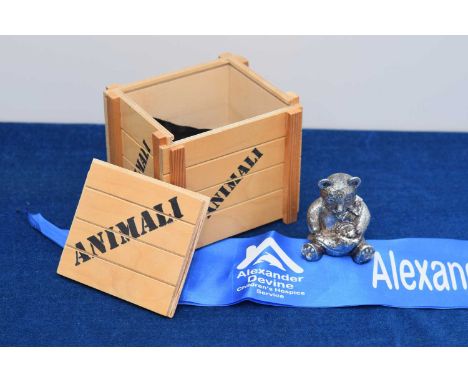 A modern silver filled Teddy Bear by Scappaticci, 7.5cm high and sold with a wooden crate, thank you for looking at this lot 
