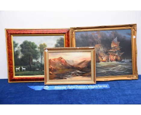 Three paintings, one small oil on board of the Scottish Highlands, another landscape oil on canvas with horses, and a paintin