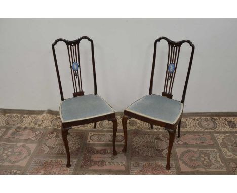 A pair of mahogany side chairs with Wedgwood style jasperware porcelain plaques, early 20th Century, thank you for looking at