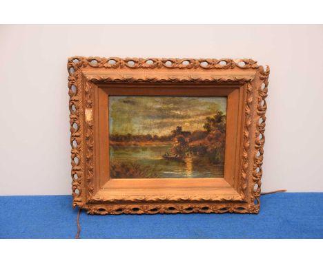 A small Victorian oil on canvas of a lake scene in a gilt frame, 27cm by 32cm, thank you for looking at this lot which is bei