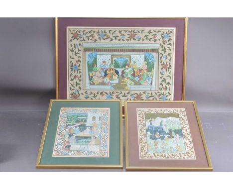 Three Indian School Mughal style paintings, depicting scenes of Persian rulers with courtiers. 33 cm by 24 cm, 35 cm by 23 cm