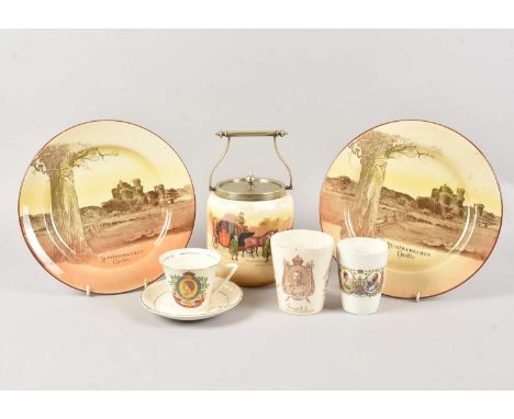 A pair of Royal Doulton pottery Hurstmonceaux Castle plates and other Royal Doulton and commemorative pottery, thank you for 