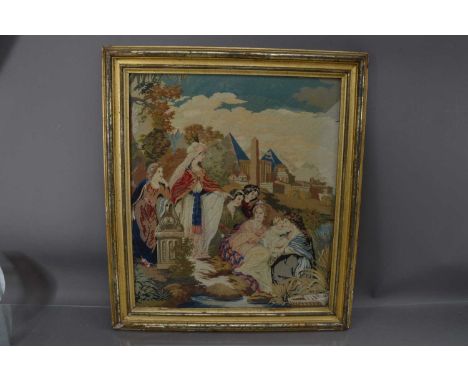 A fine 19th Century 'Berlin Work' wool embroidery picture, depicting the Discovery of Moses in the Bulrushes, 53 cm by 46 cm,