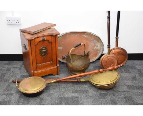 Four Victorian bed pans, a Sheffield plated oval tray, a brass coal bucket and an oak coal scuttle, thank you for looking at 