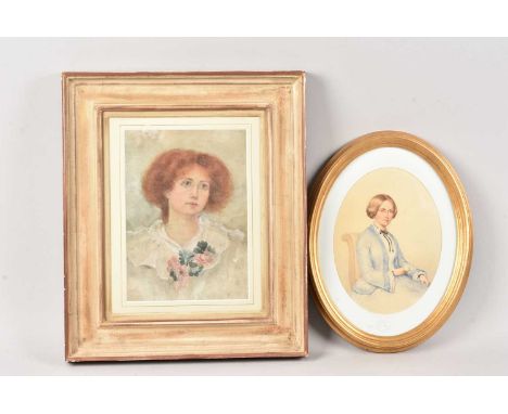 A Victorian watercolour of a Lady in the manner of R Poate, together with a portrait of a pre-raphalite lady, possibly a wate