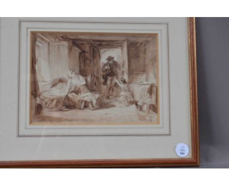 In the manor of Frederick Goodall R.A. A small watercolour interior scene in frame, with label to reverse. 17cm x 24cm, thank