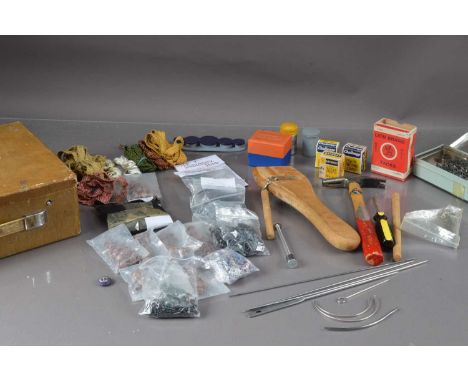 A collection of upholstery tools, including tacks, hammers, braid, buttons, and other items, thank you for looking at this lo