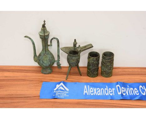 Four modern Chinese bronzed reproductions of antique artifacts, the ewer and cover 23.5cm high (4), thank you for looking at 